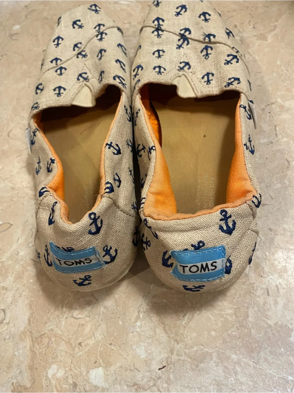 Toms Natural Canvas Loafers with Navy Anchor Print and Orange Lining